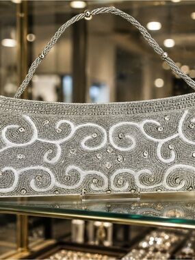 Vintage Handmade Beaded Evening Clutch Silver Satin Lined Art Deco Glam